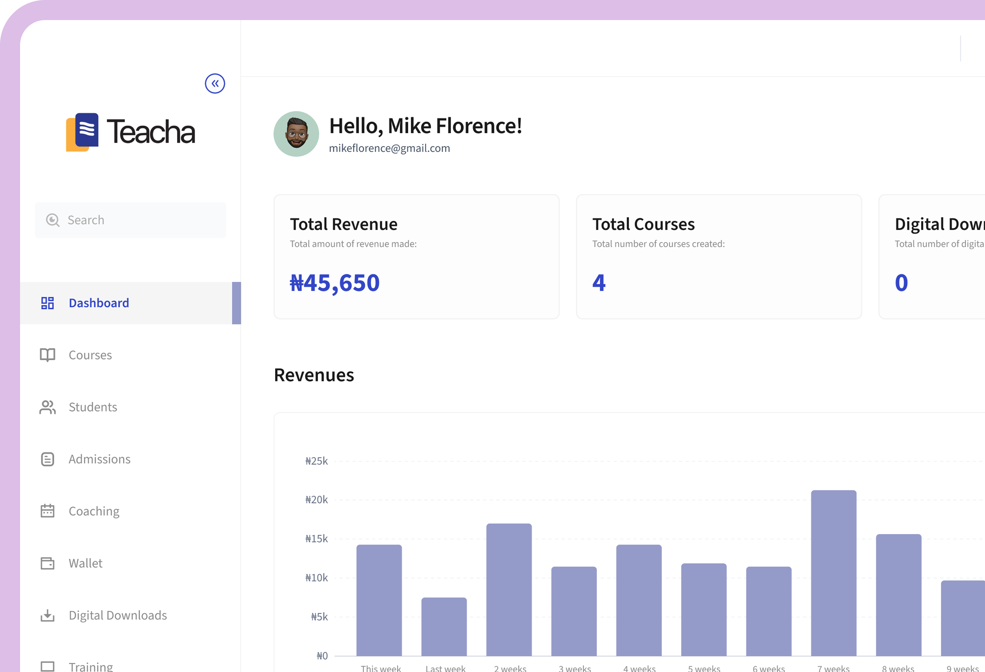 Teacha creator dashboard