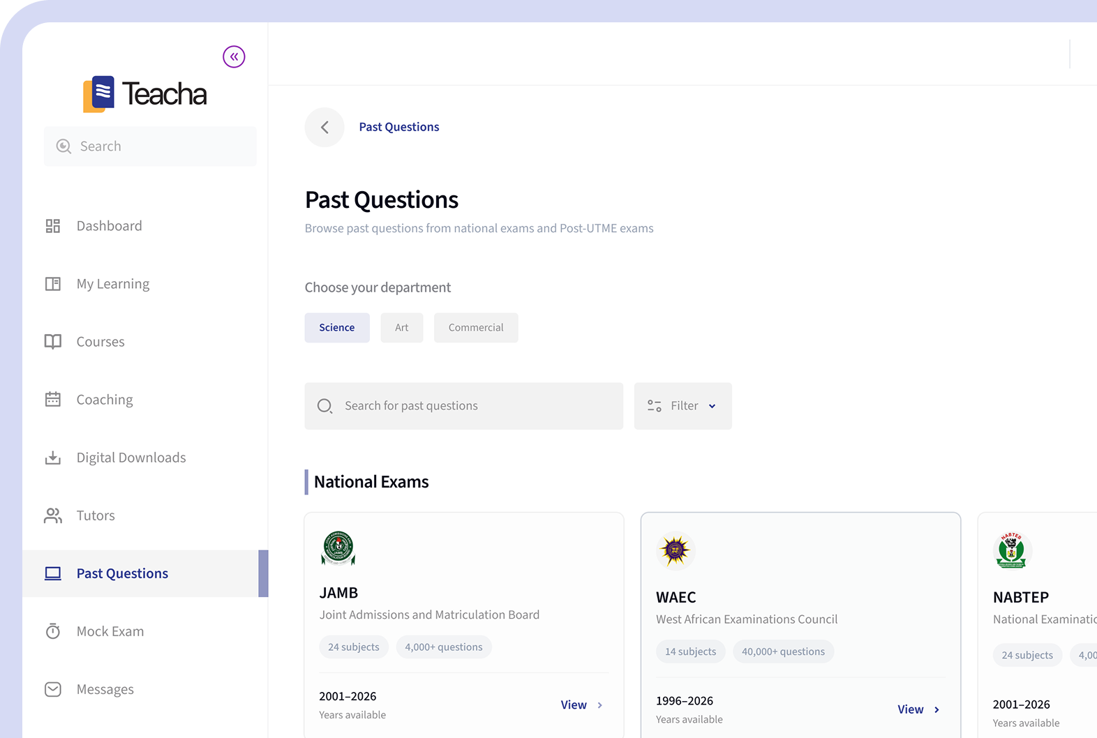 Teacha past questions dashboard